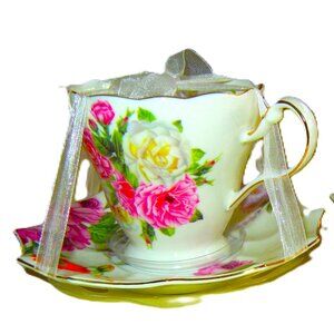 Meritage Tea Cup & Saucer PINK Cabbage Roses Gold Trim